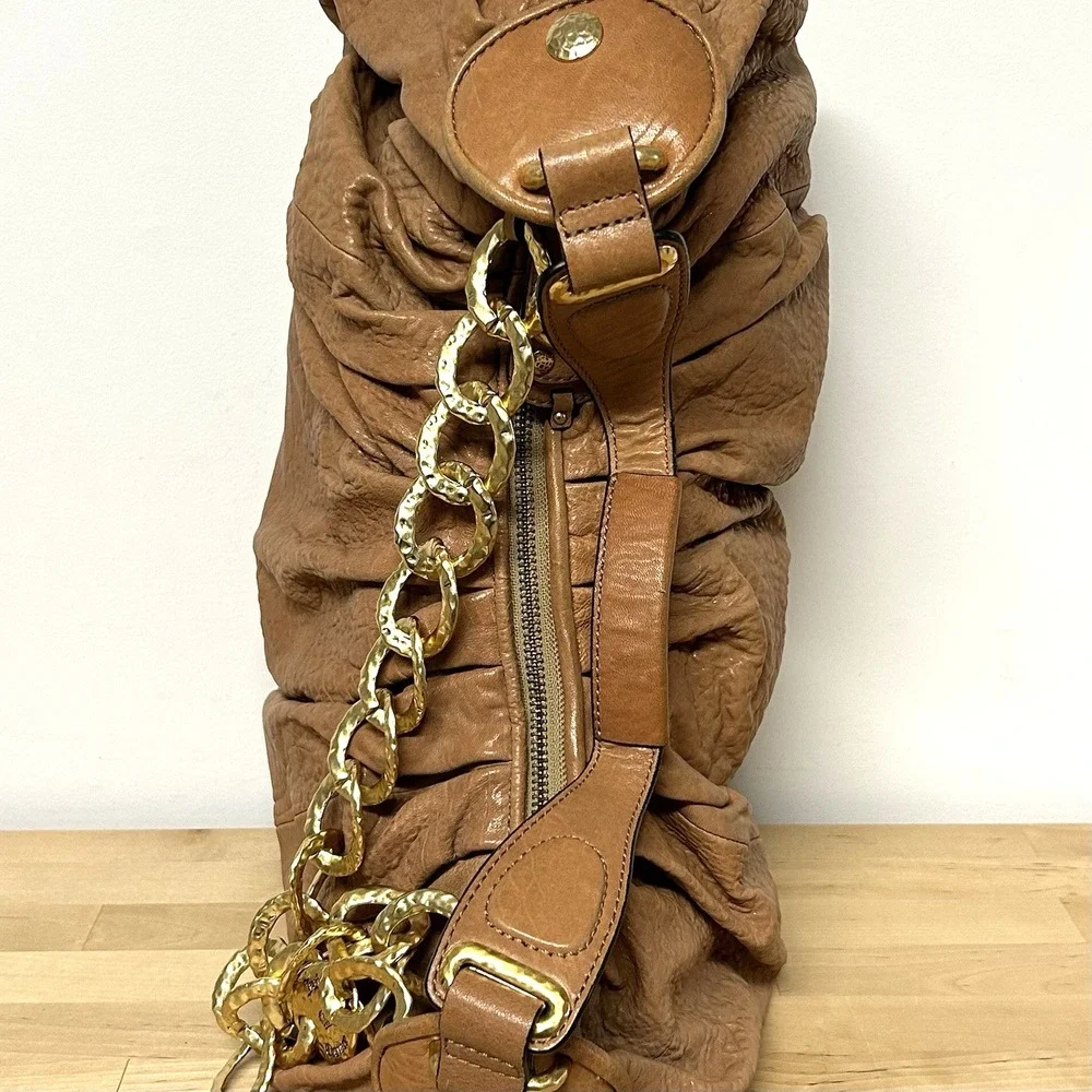 Vtg Y2k Juicy Couture Brown Leather Bag Slouchy Hobo Chunky Gold Chain Boho